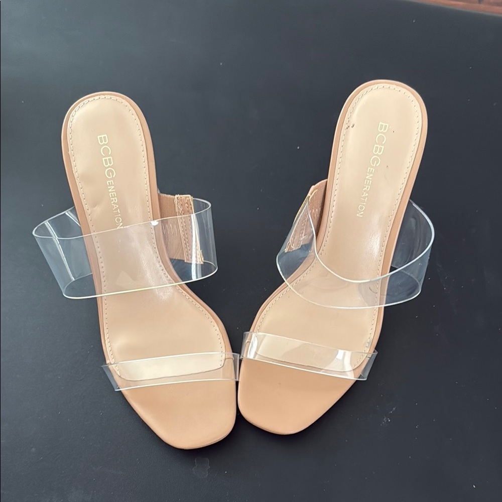 BCBGeneration Tan Heeled Sandals with Clear Straps